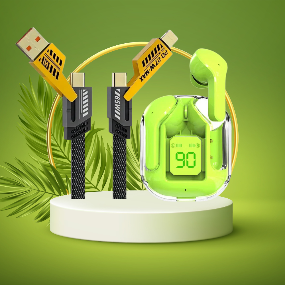 Aertek Ultrapods TWS Green + 4 in 1, 65W Fast Charging Data Cable Combo