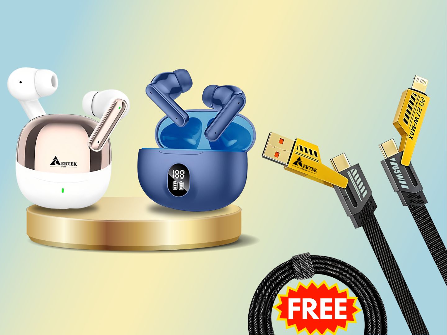 Aertek Airdops 145 Pro Earbuds White + YoYo Pods Earbuds Blue (Combo) & Get a Free 4 in 1, 65W Fast Charging Data Cable (Worth Rs. 1499/-) Aertek Smart
