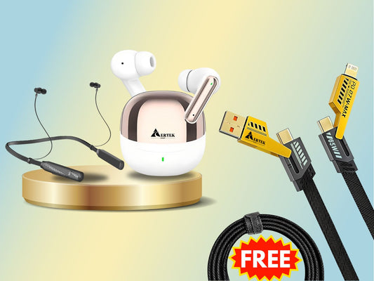 Aertek Airdops 145 Pro Earbuds Black + Cyclone Neckband Grey (Combo) & Get a Free 4 in 1, 65W Fast Charging Data Cable (Worth Rs. 1499/-)