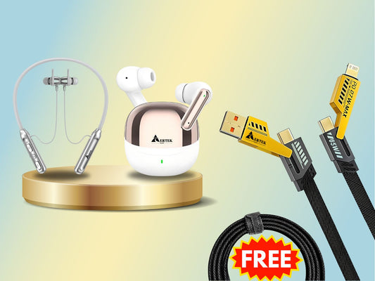 Aertek Airdops 145 Pro Earbuds Blue + YoYo Pods Earbuds White (Combo) & Get a Free 4 in 1, 65W Fast Charging Data Cable (Worth Rs. 1499/-)
