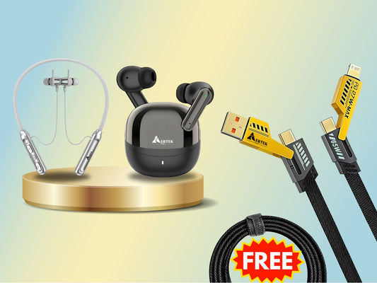 Aertek Airdops 145 Pro Earbuds Blue + YoYo Pods Earbuds White (Combo) & Get a Free 4 in 1, 65W Fast Charging Data Cable (Worth Rs. 1499/-)