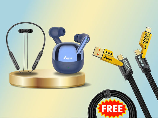 Aertek Airdops 145 Pro Earbuds Black + Cyclone Neckband Grey (Combo) & Get a Free 4 in 1, 65W Fast Charging Data Cable (Worth Rs. 1499/-)