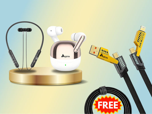 Aertek Airdops 145 Pro Earbuds Blue + Nitro Neckband Black (Combo) & Get a Free 4 in 1, 65W Fast Charging Data Cable (Worth Rs. 1499/-)