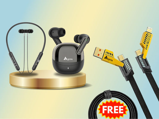 Aertek Airdops 145 Pro Earbuds Blue + Nitro Neckband Black (Combo) & Get a Free 4 in 1, 65W Fast Charging Data Cable (Worth Rs. 1499/-)