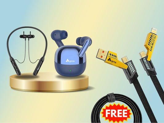Aertek Airdops 145 Pro Earbuds Blue + YoYo Pods Earbuds White (Combo) & Get a Free 4 in 1, 65W Fast Charging Data Cable (Worth Rs. 1499/-)