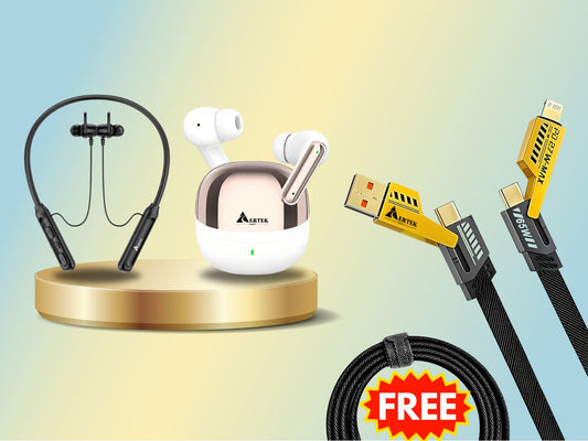 Aertek Airdops 145 Pro Earbuds Blue + YoYo Pods Earbuds White (Combo) & Get a Free 4 in 1, 65W Fast Charging Data Cable (Worth Rs. 1499/-)