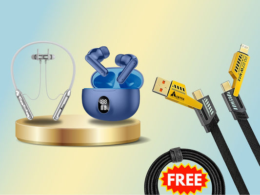 Aertek Cyclone Neckband Grey + YoYo Pods Earbuds Blue (Combo) & Get a Free 4 in 1, 65W Fast Charging Data Cable (Worth Rs. 1499/-)