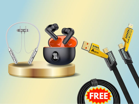Aertek Cyclone Neckband Grey + YoYo Pods Earbuds Black (Combo) & Get a Free 4 in 1, 65W Fast Charging Data Cable (Worth Rs. 1499/-)