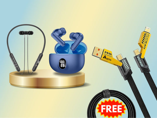 Aertek Nitro Neckband Black + YoYo Pods Earbuds Blue (Combo) & Get a Free 4 in 1, 65W Fast Charging Data Cable (Worth Rs. 1499/-)