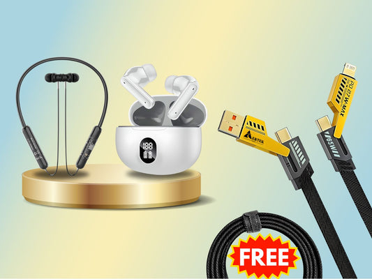 Aertek Nitro Neckband Black + YoYo Pods Earbuds White (Combo) & Get a Free 4 in 1, 65W Fast Charging Data Cable (Worth Rs. 1499/-)