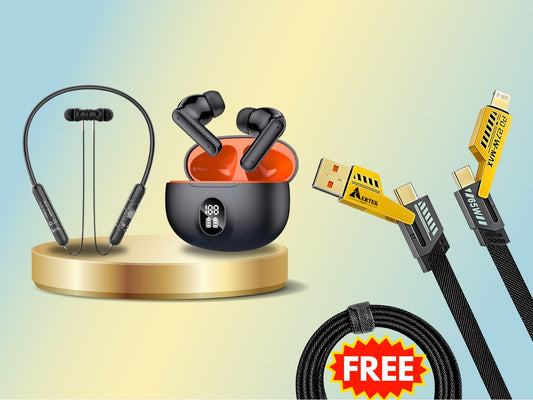 Aertek Nitro Neckband Black + YoYo Pods Earbuds Black (Combo) & Get a Free 4 in 1, 65W Fast Charging Data Cable (Worth Rs. 1499/-)