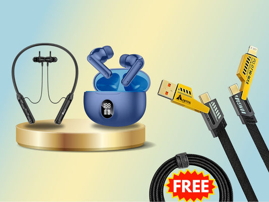 Aertek Cyclone Neckband Black + YoYo Pods Earbuds Blue (Combo) & Get a Free 4 in 1, 65W Fast Charging Data Cable (Worth Rs. 1499/-) Aertek Smart