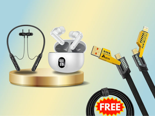 Aertek Cyclone Neckband Black + YoYo Pods Earbuds White (Combo) & Get a Free 4 in 1, 65W Fast Charging Data Cable (Worth Rs. 1499/-)