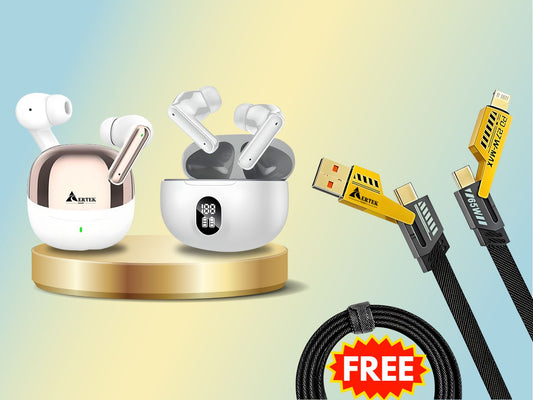 Aertek Airdops 145 Pro Earbuds Blue + YoYo Pods Earbuds White (Combo) & Get a Free 4 in 1, 65W Fast Charging Data Cable (Worth Rs. 1499/-)