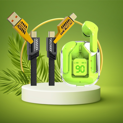 Aertek Ultrapods TWS Green + 4 in 1, 65W Fast Charging Data Cable Combo