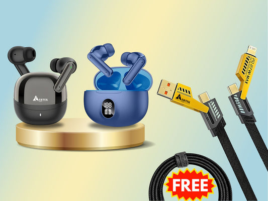 Aertek Airdops 145 Pro Earbuds Blue + YoYo Pods Earbuds White (Combo) & Get a Free 4 in 1, 65W Fast Charging Data Cable (Worth Rs. 1499/-)