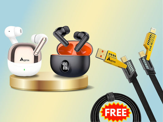 Aertek Airdops 145 Pro Earbuds Blue + YoYo Pods Earbuds White (Combo) & Get a Free 4 in 1, 65W Fast Charging Data Cable (Worth Rs. 1499/-)