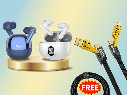 Aertek Airdops 145 Pro Earbuds Blue + YoYo Pods Earbuds White (Combo) & Get a Free 4 in 1, 65W Fast Charging Data Cable (Worth Rs. 1499/-)
