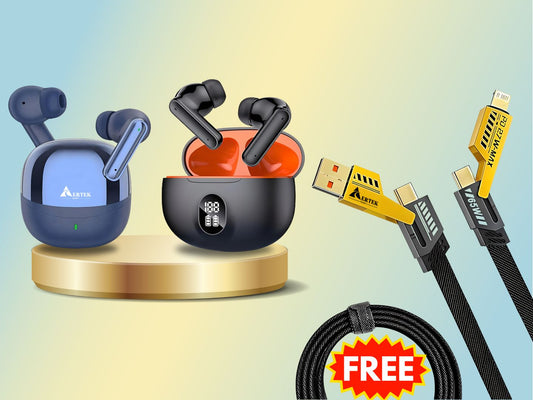 Aertek Airdops 145 Pro Earbuds Blue + YoYo Pods Earbuds Black (Combo)  & Get a Free 4 in 1, 65W Fast Charging Data Cable (Worth Rs. 1499/-)