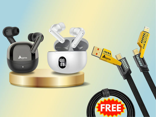 Aertek Airdops 145 Pro Earbuds Black + YoYo Pods Earbuds White (Combo) & Get a Free 4 in 1, 65W Fast Charging Data Cable (Worth Rs. 1499/-)