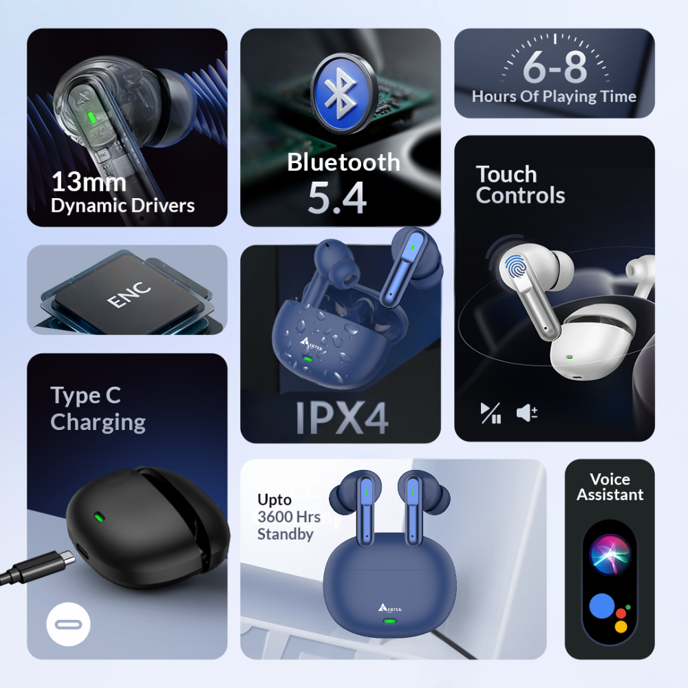 Aertek Airdopes 151 Earbuds Black+ 4-in-1, 65W Cable (Combo)