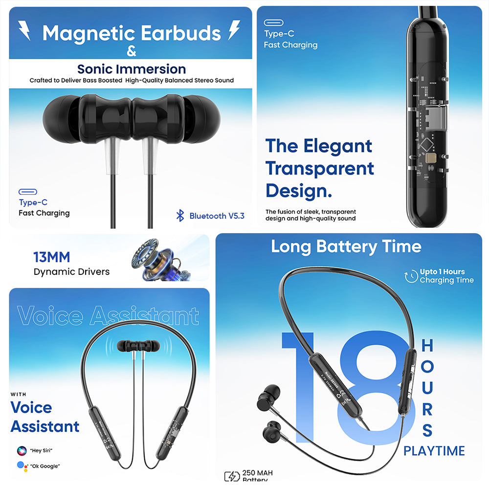Aertek Airdops 145 Pro Earbuds Blue + Nitro Neckband Black (Combo) & Get a Free 4 in 1, 65W Fast Charging Data Cable (Worth Rs. 1499/-)