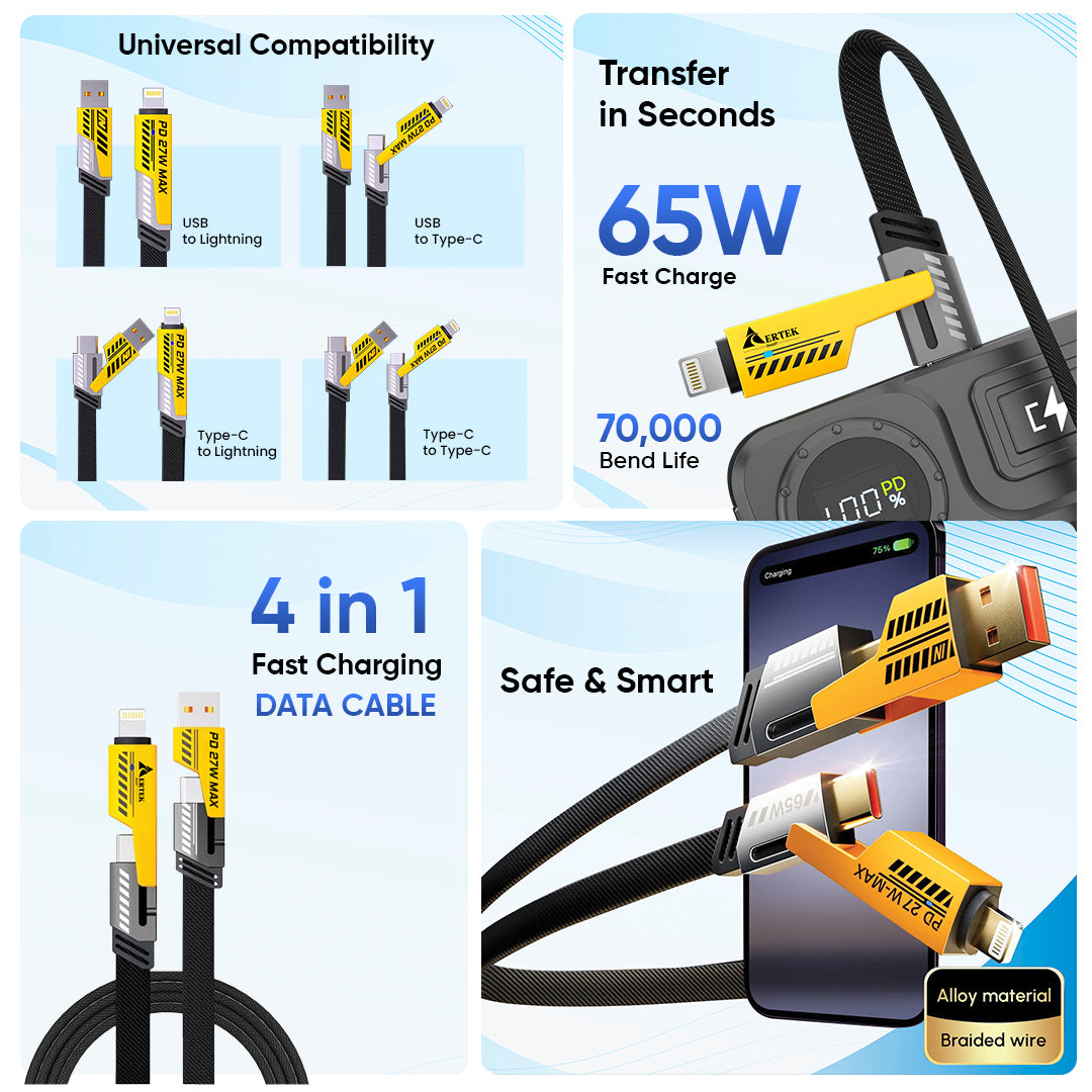 Aertek 4 IN 1, 65W Fast Charging Data Cable Black - Aertek Smart
