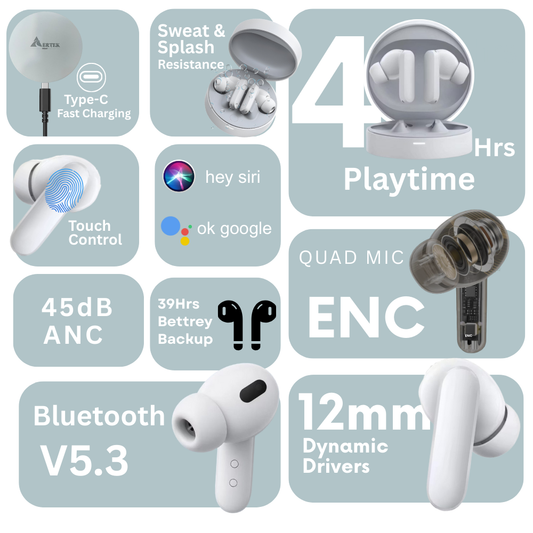 Aertek VelonPro 40H PlayrTime with ANC TWS Erabuds White